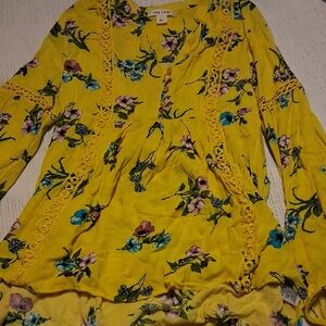 Zara Yellow Floral Blouse with Lace Accents